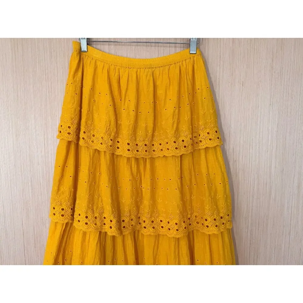 House Of Harlow 1960 Eyelet Tiered Maxi Skirt Size Medium Pull On Mustard Boho - Picture 2 of 11